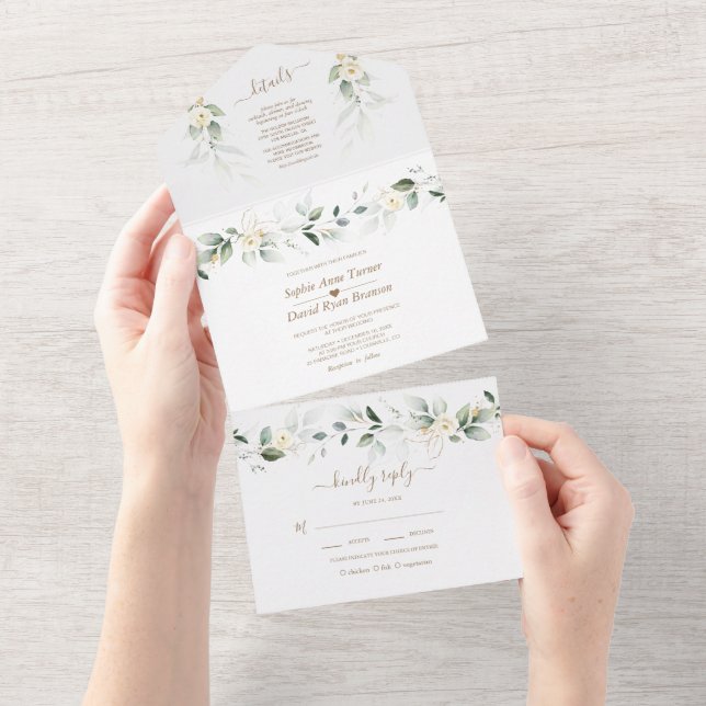 Invitación Todo En Uno Airy Greenery Gold White Floral Boda (desgarro)