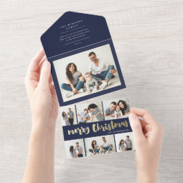 Invitación Todo En Uno alegre navidad guión dorado multi foto vacaciones