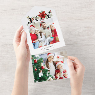 Invitación Todo En Uno Alegría festiva colorida con Poinsettias y Berries