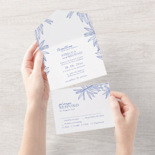 Invitación Todo En Uno Algo azul simple Botánico