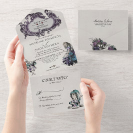 Invitación Todo En Uno Alicia negra vintage en el Boda del país de las ma