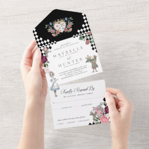 Invitación Todo En Uno Alicia vintage en tablero de ajedrez negro