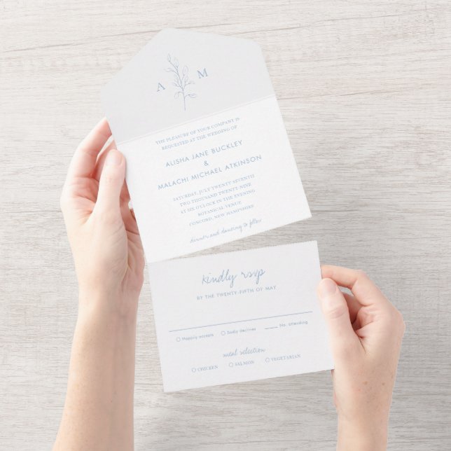 Invitación Todo En Uno Alisha Dusty Blue Botanical Elegant Wedding (desgarro)