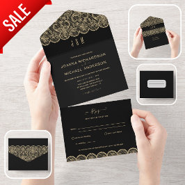 Invitación Todo En Uno All In One Black Gold Lace Boda con RSVP