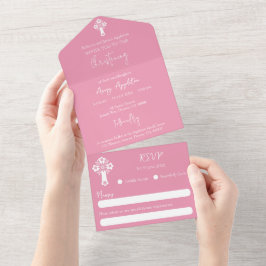 Invitación Todo En Uno All In One Invitation Floral Cross Baptism Pink