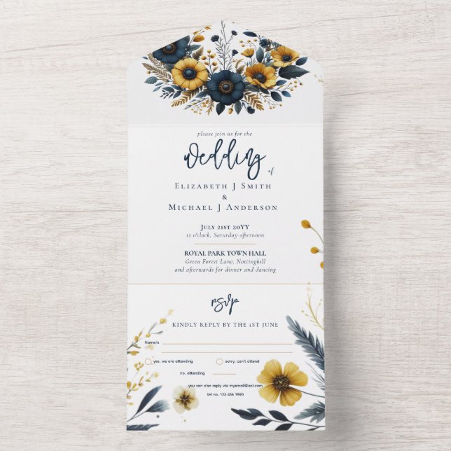 Invitación Todo En Uno All in One Navy Yellow Gold Floral Wedding Rsvp (Interior)