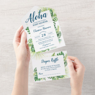 Invitación Todo En Uno Aloha Tropical Greenery Baby Shower Diaper Raffle