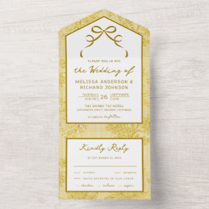 Invitación Todo En Uno Amarillo Mantequilla Encaje Coqueta Lazo Boda