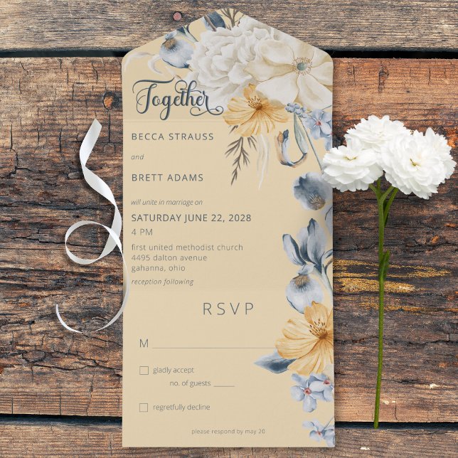 Invitación Todo En Uno Amarillo Rústico Azul Amarillo Floral Blanco Sin C (Rustic Blue Yellow & White Floral Yellow All In One Wedding Invitation without Dinner Options)