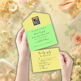 Invitación Todo En Uno amarillo verde mínimo verano pareja foto monograma