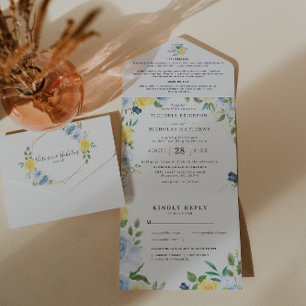 Invitación Todo En Uno Amarillo y Naval Floral de Verano   Boda