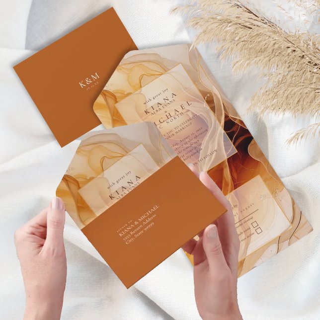 Invitación Todo En Uno Amber Brandy Boda de tinta abstracta ID1089 (Subido por el creador)