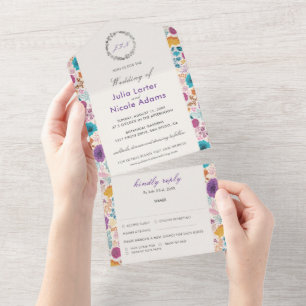 Invitación Todo En Uno Amor en Flor Romántico Rosa Púrpura Boda