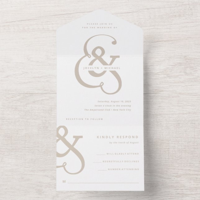 Invitación Todo En Uno Ampersand caprichoso | Boda blanco y beige (Interior)