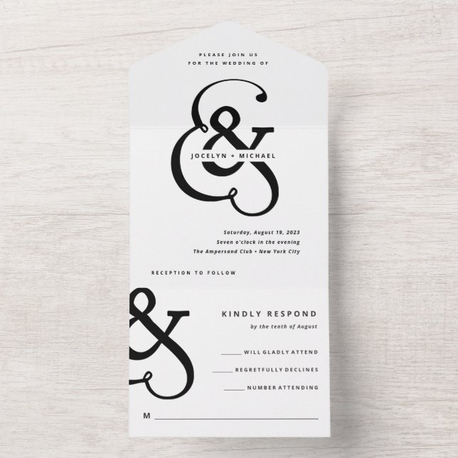 Invitación Todo En Uno Ampersand caprichoso | Boda blanco y negro (Interior)