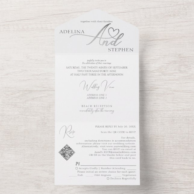 Invitación Todo En Uno Ampersand Elegant Script QR Code Boda de presupues (Interior)