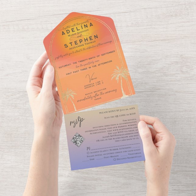Invitación Todo En Uno Ampersand Tropical Beach Sunset Palms RSVP Código  (desgarro)