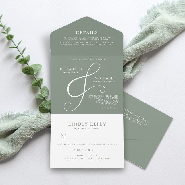 Invitación Todo En Uno Ampersor verde sabio moderno y Boda mínimo (Subido por el creador)