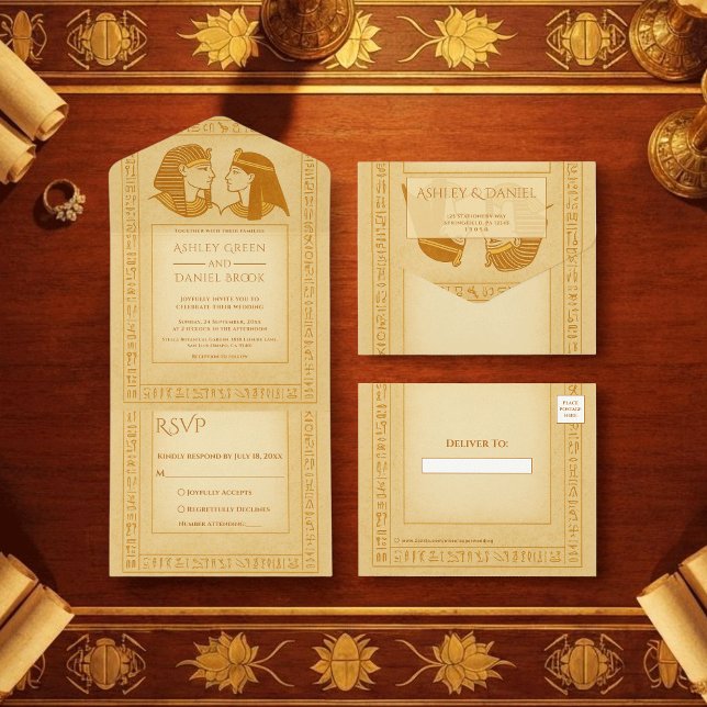 Invitación Todo En Uno Ancient Hieroglyphs King & Queen Egyptian Wedding (Subido por el creador)