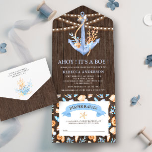 Invitación Todo En Uno Ancla náutica de acuarela rústica para baby shower