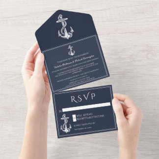 Invitación Todo En Uno Ancla náutica de la marina todo en una sola boda