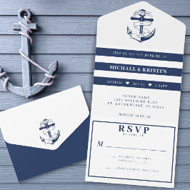 Invitación Todo En Uno Anclado en amor Boda de Anclaje Blanco y Azul