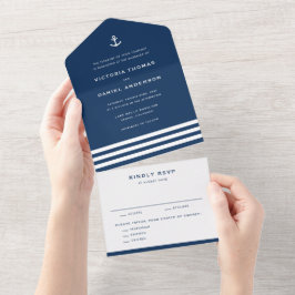 Invitación Todo En Uno Anclaje azul de la marina y Boda náutico de franja
