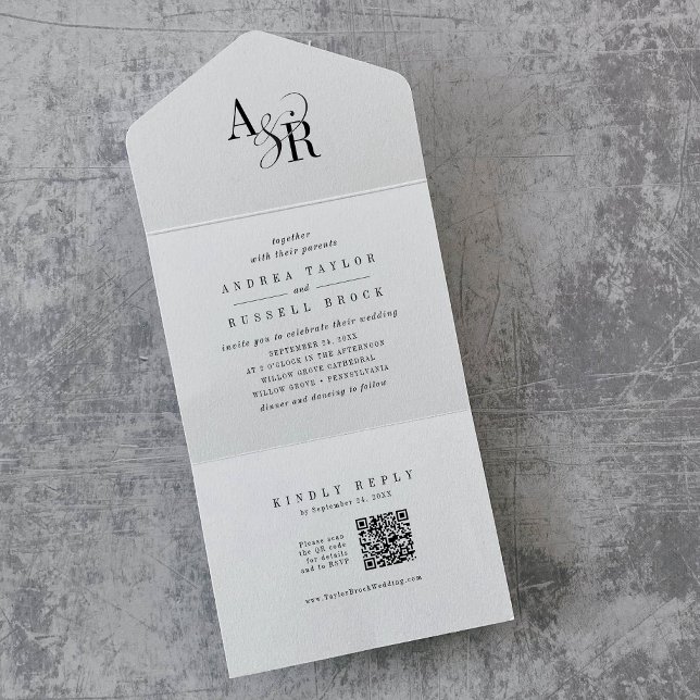 Invitación Todo En Uno ANDREA Código QR Blanco Negro Simple Boda Mínimo (ANDREA QR Code White Black Simple Minimal Wedding All In One Invitation)