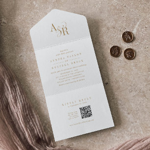 Invitación Todo En Uno ANDREA Código QR Elegante Boda formal de oro clási