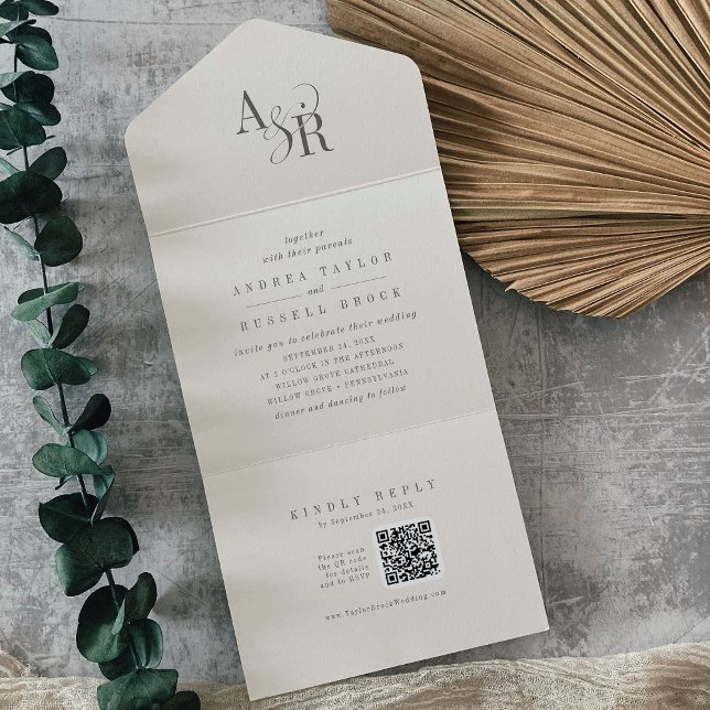 Invitación Todo En Uno ANDREA QR Code Beige Simple Minimal Wedding (ANDREA QR Code Beige Simple Minimal Wedding All In One Invitation)