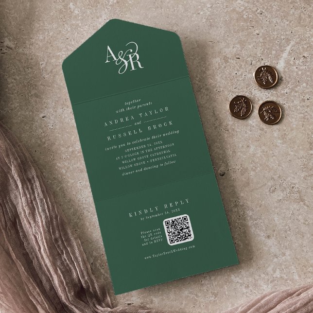 Invitación Todo En Uno ANDREA QR Code Dark Green Simple Minimal Wedding (ANDREA QR Code Dark Green Simple Minimal Wedding All In One Invitation)