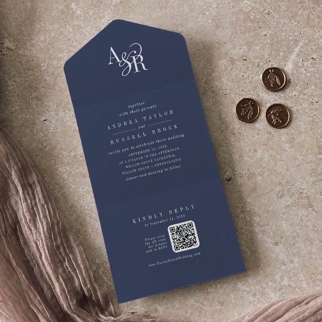 Invitación Todo En Uno ANDREA QR Code Navy Blue Simple Minimal Wedding (ANDREA QR Code Navy Blue Simple Minimal Wedding All In One Invitation)