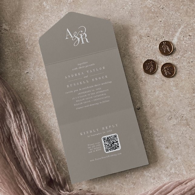 Invitación Todo En Uno ANDREA QR Code Rustic Taupe Simple Minimal Wedding (ANDREA QR Code Rustic Taupe Simple Minimal Wedding All In One Invitation)