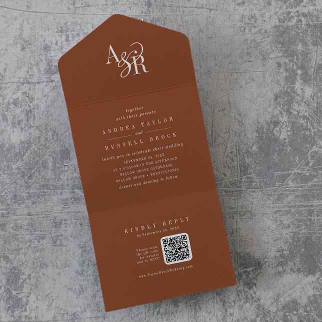 Invitación Todo En Uno ANDREA QR Code Terracotta Simple Minimal Wedding (ANDREA QR Code Terracotta Simple Minimal Wedding All In One Invitation)