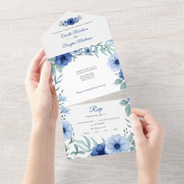 Invitación Todo En Uno Anémona floral azul y verde |