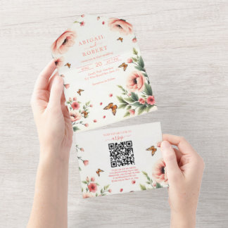 Invitación Todo En Uno Anémona rosa, flores borde de mariposas boda