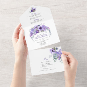 Invitación Todo En Uno Anémonas Moradas y Blancas, Lilas Moradas Floral  
