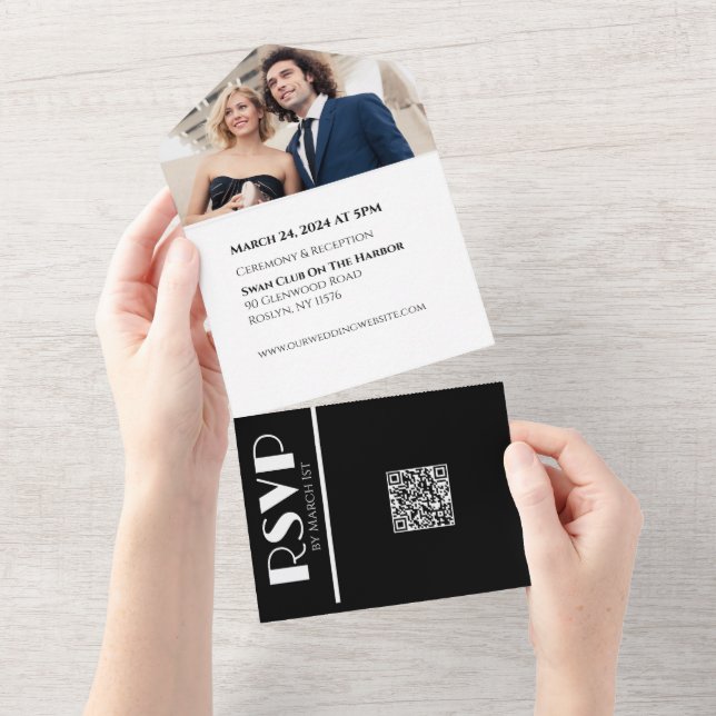 Invitación Todo En Uno Anillo de Bodas blancos y negros-foto (desgarro)