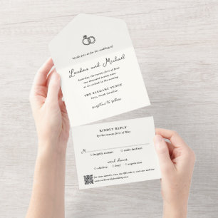 Invitación Todo En Uno Anillos Dibujados a Mano Código QR Garabato Boda M