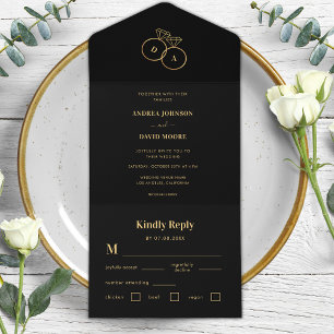 Invitación Todo En Uno Anillos minimalistas de color negro y oro y Boda d