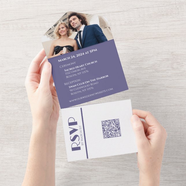Invitación Todo En Uno Anillos morados y Bodas blancos- (desgarro)