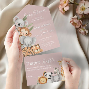 Invitación Todo En Uno Animales de Baby Shower de Safari rosado tropical