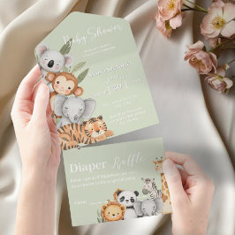 Invitación Todo En Uno animales de Baby Shower de Safari verde tropical J
