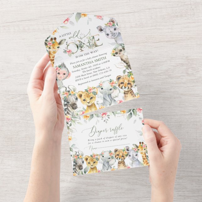 Invitación Todo En Uno Animales de la jungla, Safari, Flores, Baby Shower (desgarro)