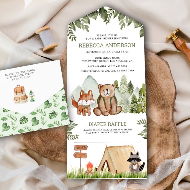 Invitación Todo En Uno Animales del bosque de Woodland rústicos acampando (Subido por el creador)