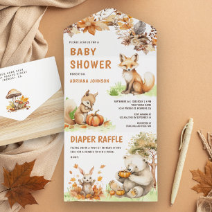 Invitación Todo En Uno Animales Lindos del Bosque Otoño Baby Shower