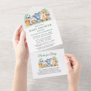 Invitación Todo En Uno Animales Safari Baby Shower verde y libros