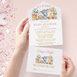 Invitación Todo En Uno Animales Safari rosan Baby Shower y rifa oro