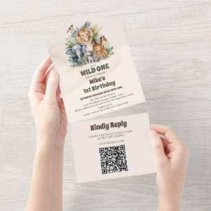 Invitación Todo En Uno Animales Safari salvajes un primer cumpleaños