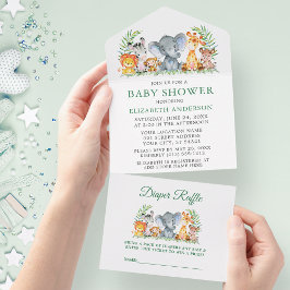 Invitación Todo En Uno Animales Safari verdes Baby Shower y Raffle